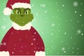 Winter illustration with christmas character, grinch on a green background with snowflakes, christmas character